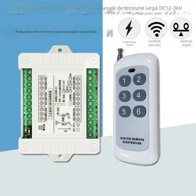 Întrerupător wireless cu șase canale cu releu și receptor 12V/24V pentru iluminat, control de acces și motor pentru barieră