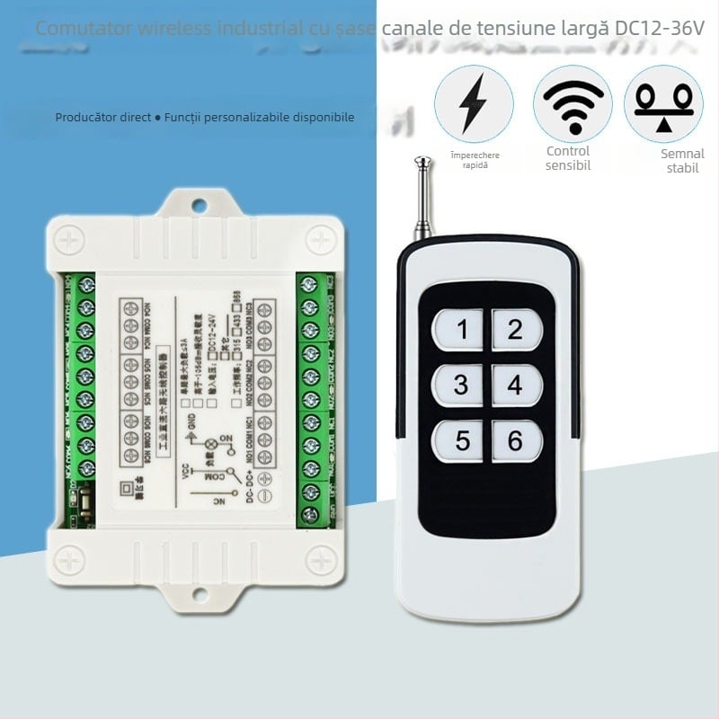 Întrerupător wireless cu șase canale cu releu și receptor 12V/24V pentru iluminat, control de acces și motor pentru barieră