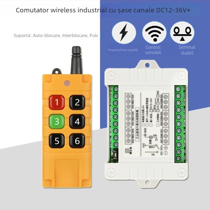 Întrerupător wireless cu șase canale cu releu și receptor 12V/24V pentru iluminat, control de acces și motor pentru barieră