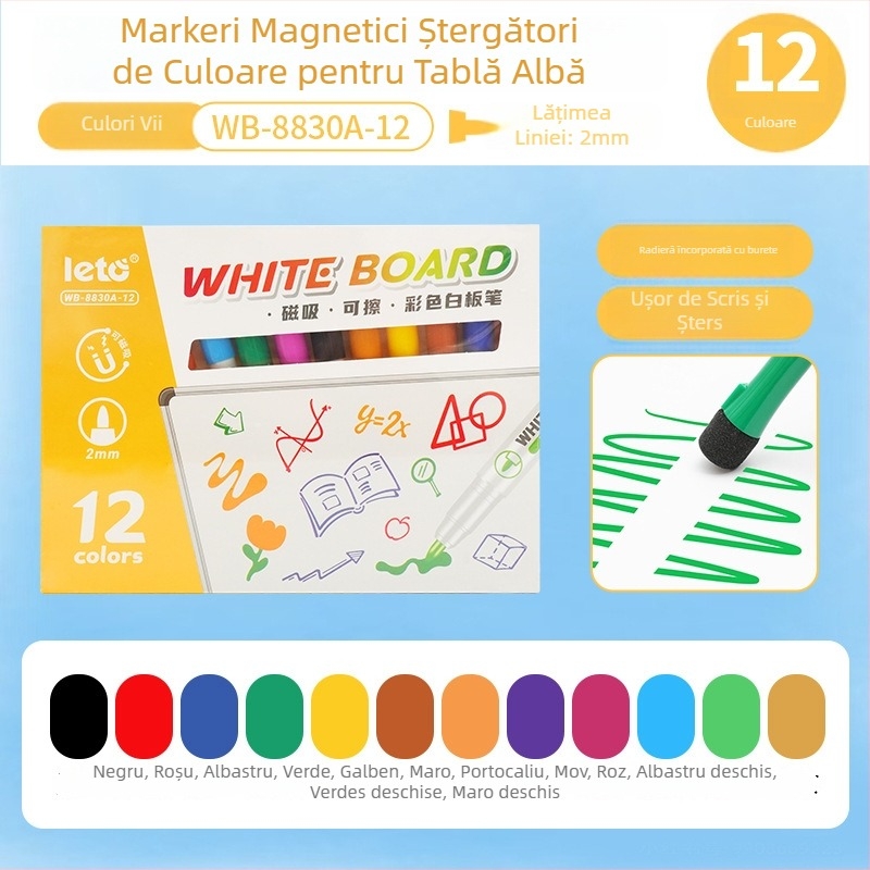 Set marker magnetic pentru tablă albă, vârf pensulă, pe bază de apă, ștergibil, grosime linie 2.0 mm