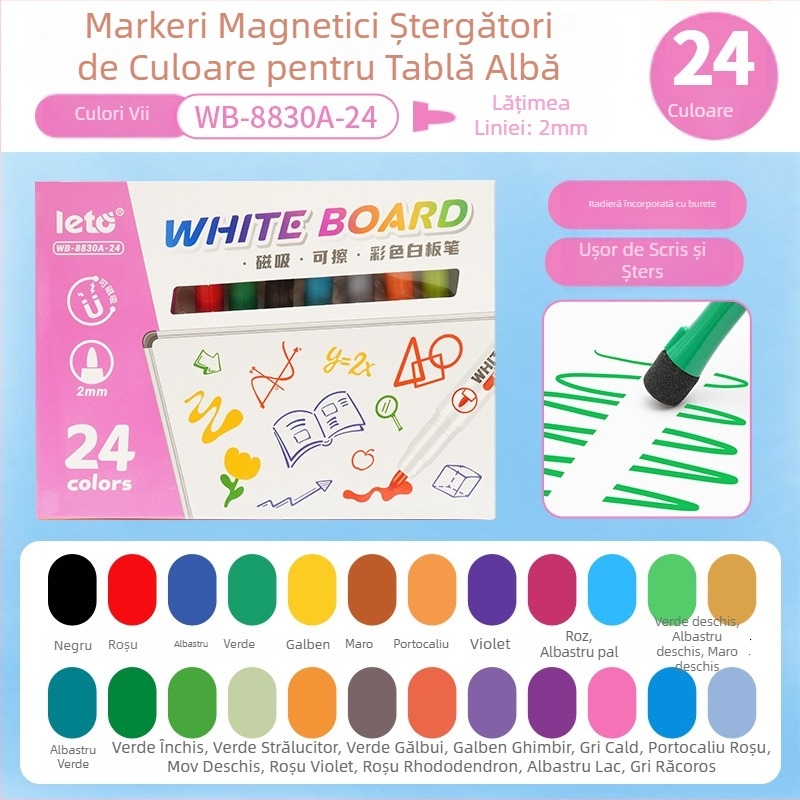 Set marker magnetic pentru tablă albă, vârf pensulă, pe bază de apă, ștergibil, grosime linie 2.0 mm