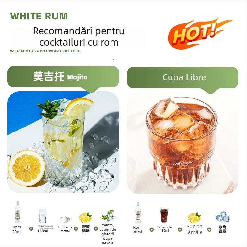 Rom pentru cocktailuri, bază Mojito, 40% alcool, 700 ml, depozitare la temperatura camerei