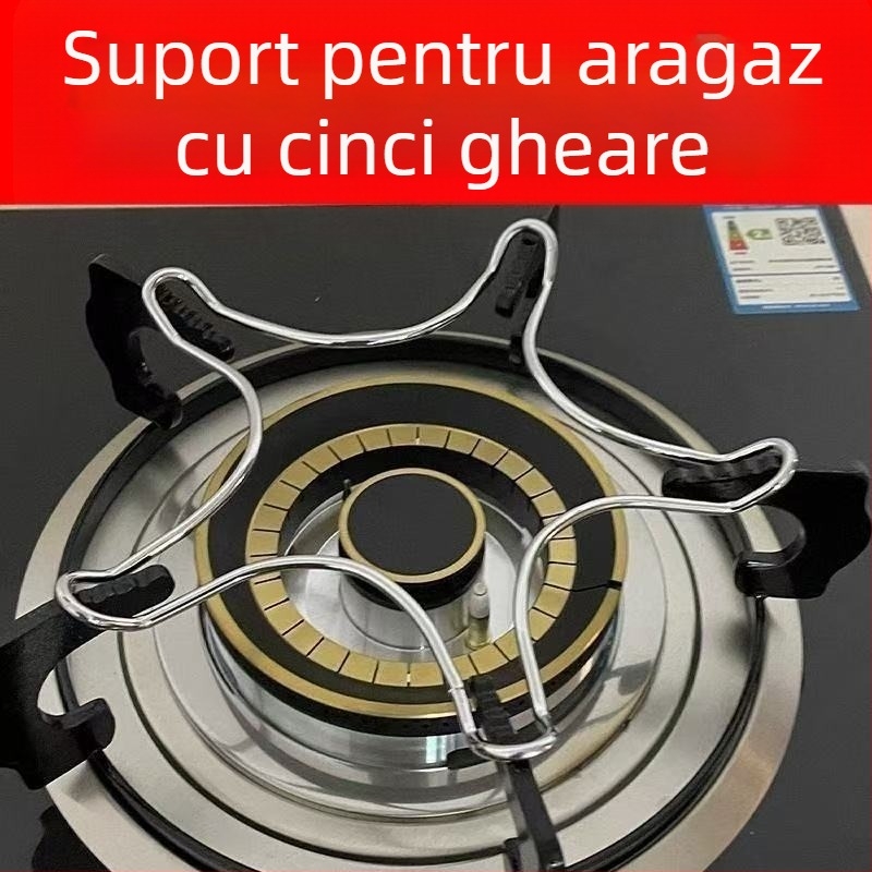 Suport universal din oțel inoxidabil pentru vase pe plita cu gaz, antiderapant; compatibil cu wok, oale de supă și oale de lapte; design cu cinci și patru dinți