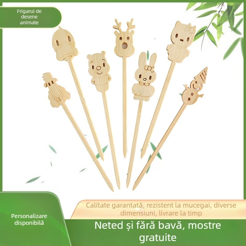 Știfturi de bambus cu desene animate – mini, de unică folosință, model jacquard animal, pentru fructe și grătar, imprimare logo disponibil