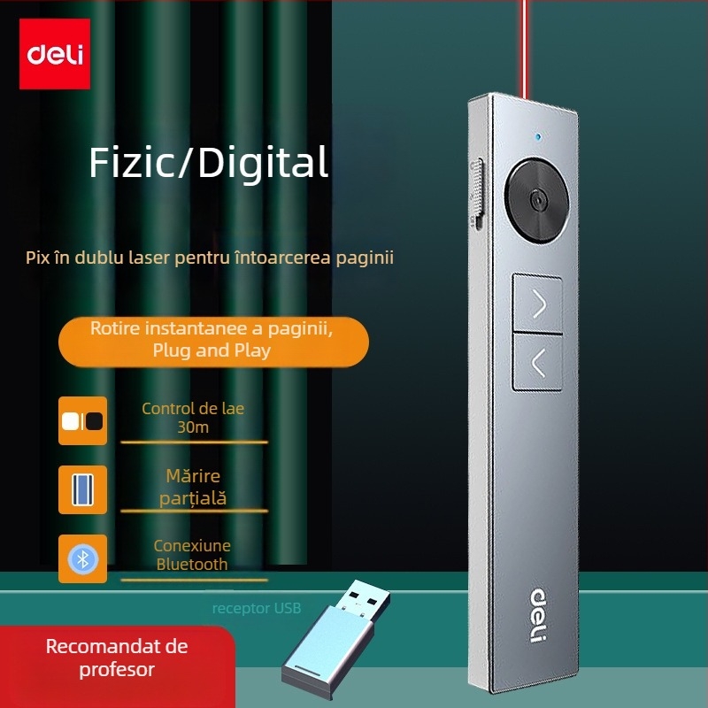 Deli 50682W Pix pentru întoarcerea paginilor cu telecomandă PPT, cu lupă, laser multifuncțional, rază 200 m, lungime de undă 650 nm, baterie Li-ion reîncărcabilă