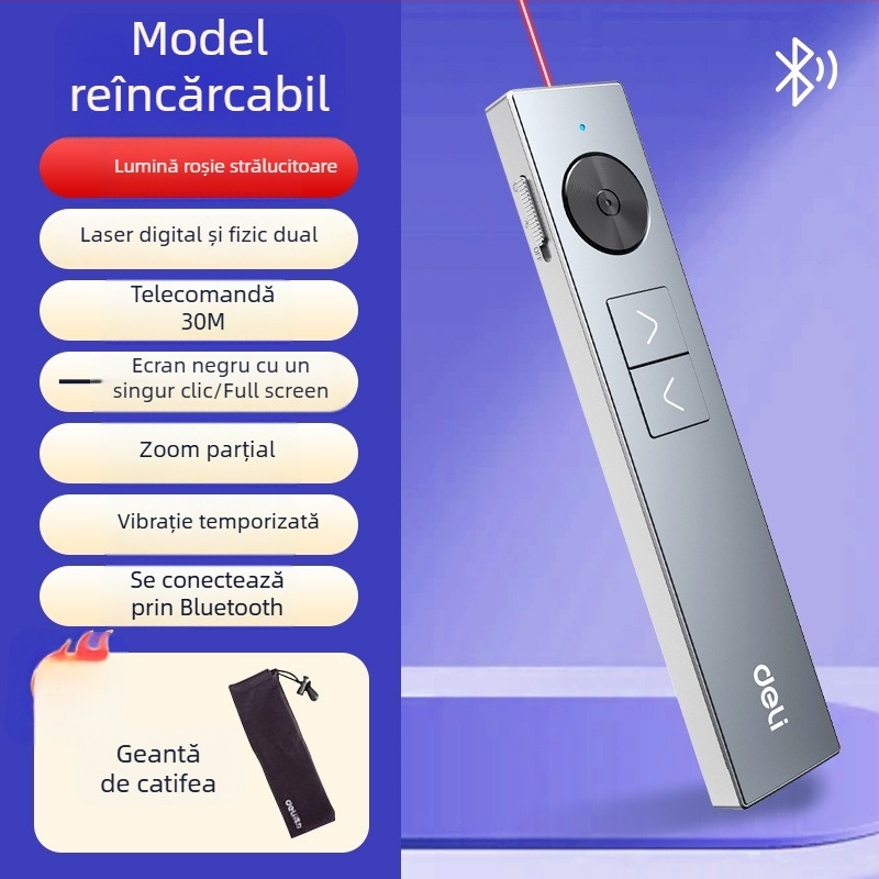 Deli 50682W Pix pentru întoarcerea paginilor cu telecomandă PPT, cu lupă, laser multifuncțional, rază 200 m, lungime de undă 650 nm, baterie Li-ion reîncărcabilă