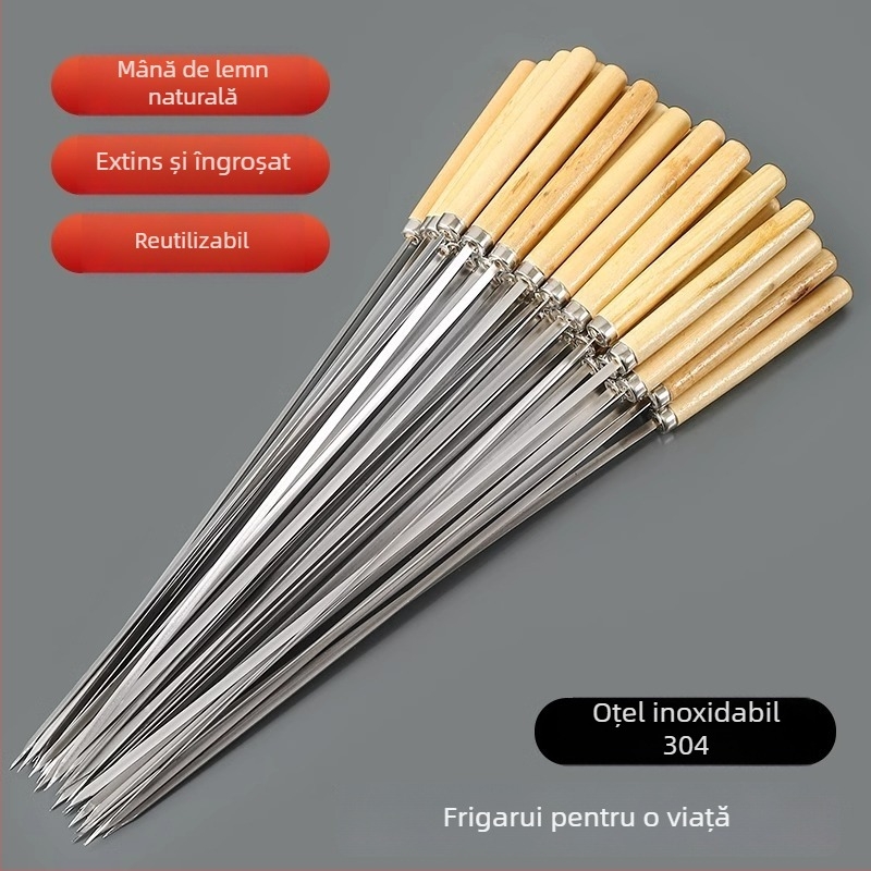 Bețe de grătar din oțel inoxidabil cu mâner din lemn, reutilizabile