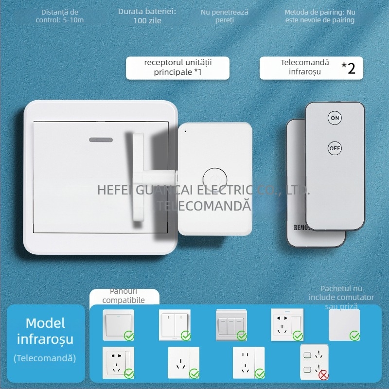 Intrerupător wireless cu telecomandă — pentru uz interior; (Brand: Personalizabil; Tip: control wireless; Tip întrerupător: întrerupător cu telecomandă; Temperatura de lucru: Normal locuință; Domeniu de aplicare: Interior)