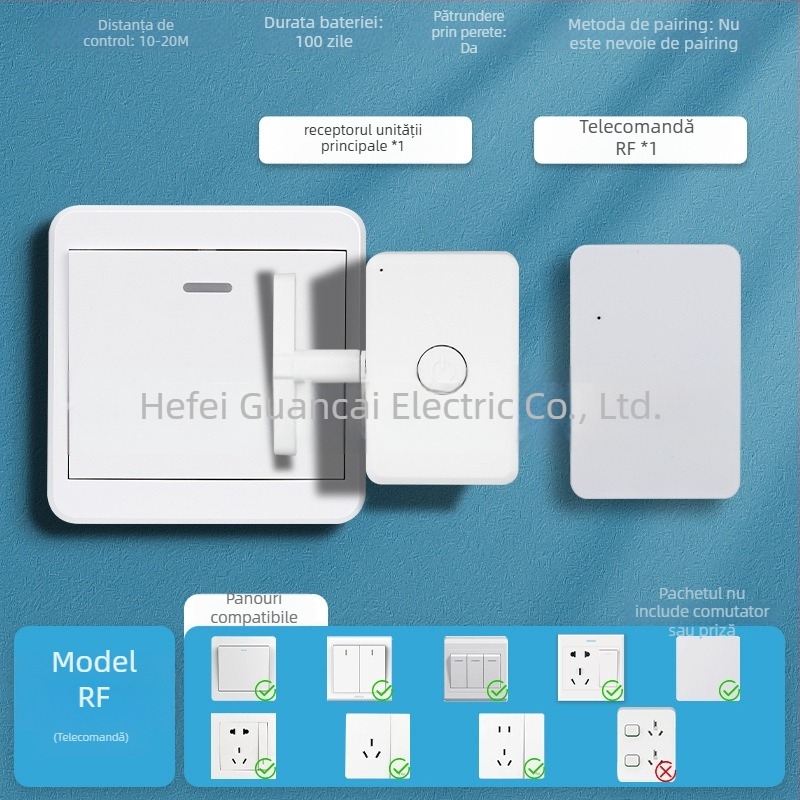 Intrerupător wireless cu telecomandă — pentru uz interior; (Brand: Personalizabil; Tip: control wireless; Tip întrerupător: întrerupător cu telecomandă; Temperatura de lucru: Normal locuință; Domeniu de aplicare: Interior)