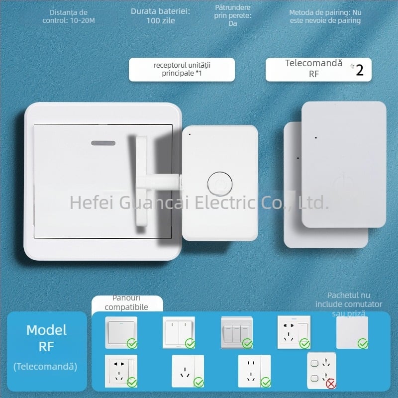 Intrerupător wireless cu telecomandă — pentru uz interior; (Brand: Personalizabil; Tip: control wireless; Tip întrerupător: întrerupător cu telecomandă; Temperatura de lucru: Normal locuință; Domeniu de aplicare: Interior)