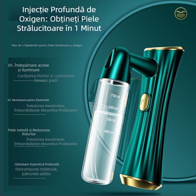 Dispozitiv portabil de infuzie cu oxigen pentru față, cu spray albastru și esență hidratantă — 1 treaptă, pulverizare rece, carcasă ABS, baterie încorporată 300–500 mAh, timp de ceață ≤10 s