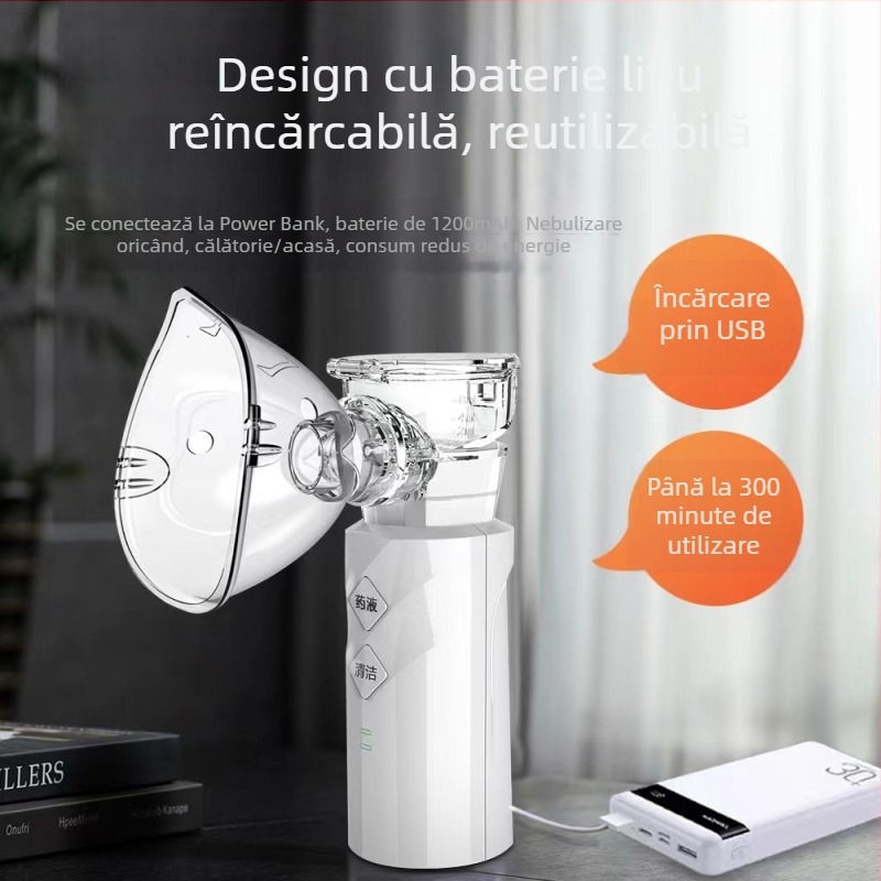 Nebulizator manual pentru uz casnic, atomizator portabil pentru copii, 2.7 μm picături, baterie încorporată, pulverizare rece, două trepte de viteză, timp de ceață peste 180 s