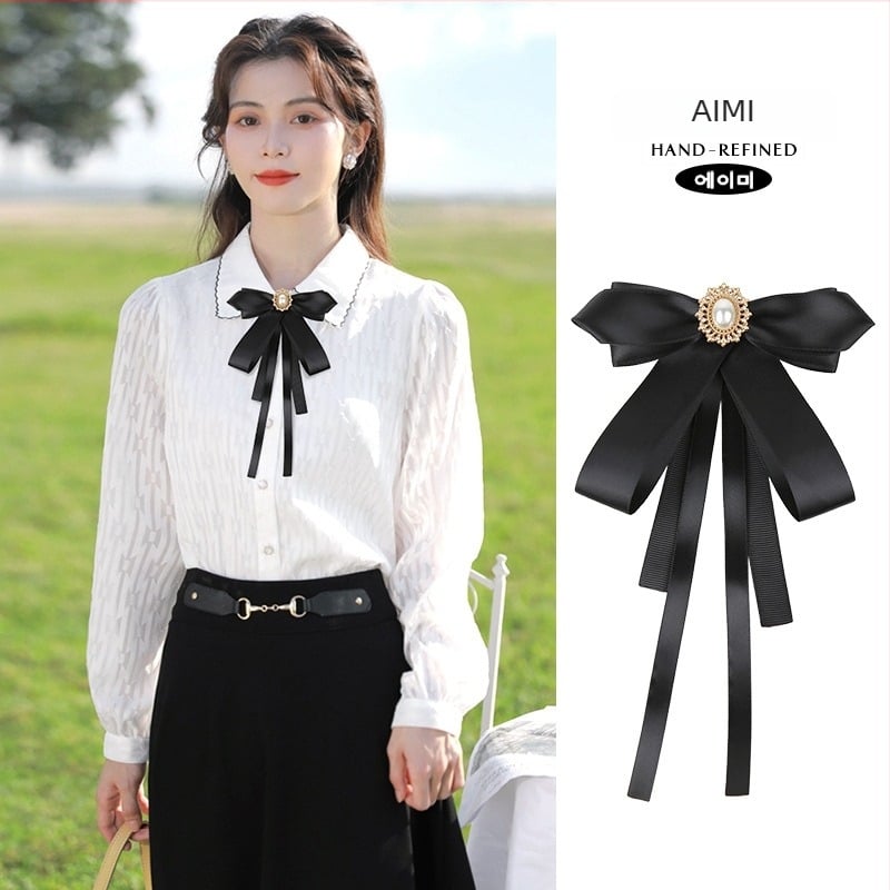 Cămașă cu floare la guler și papion, stil coreean, unisex, model monocrom, vopsită pe fir