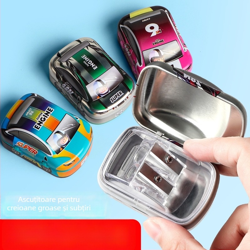 Ascuțitor de creioane cu două găuri, manual, design de mașinuță mini, model X258, pentru copii 0–14 ani, unisex