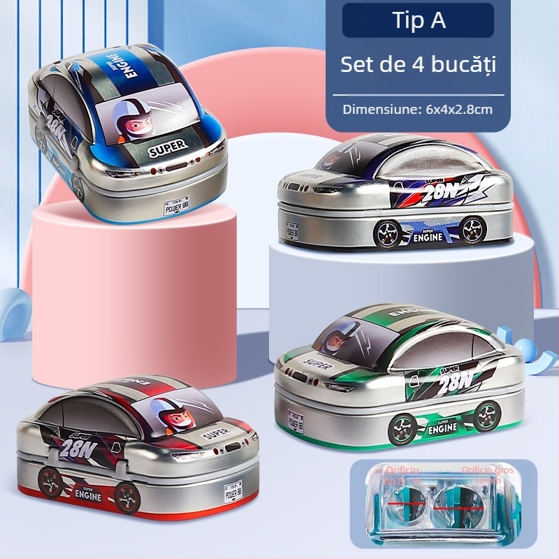 Ascuțitor de creioane cu două găuri, manual, design de mașinuță mini, model X258, pentru copii 0–14 ani, unisex