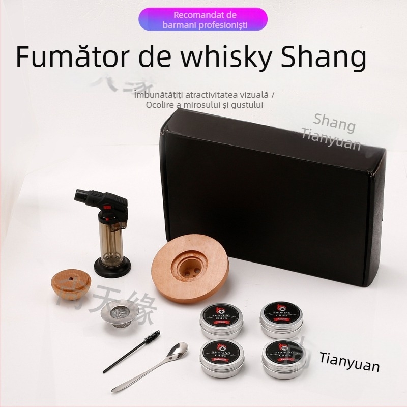 Set de afumat whisky pentru cocktailuri – lemn solid, recipient în formă de farfurie zburătoare, componentă de afumare cu bucați de lemn, accesorii de bar, lansare vara 2021