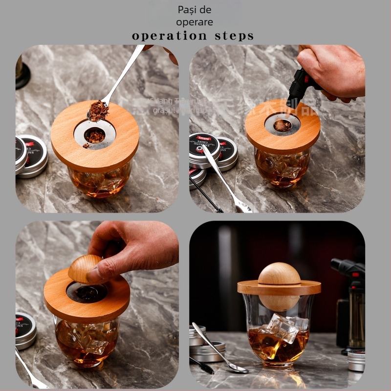 Set de afumat whisky pentru cocktailuri – lemn solid, recipient în formă de farfurie zburătoare, componentă de afumare cu bucați de lemn, accesorii de bar, lansare vara 2021