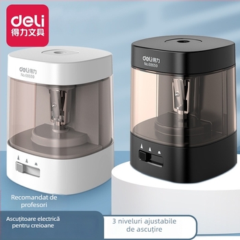 Ascuțitor electric de creioane, Deli, model 68665686706866968658a, corp din plastic, trei viteze: gros/mediu/fin