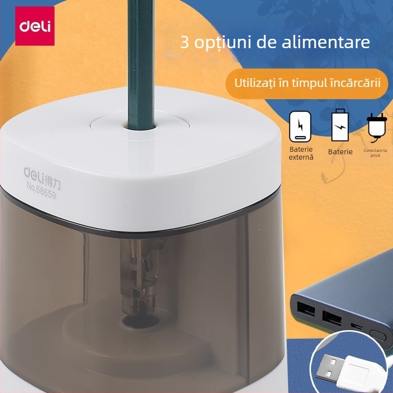 Ascuțitor electric de creioane, Deli, model 68665686706866968658a, corp din plastic, trei viteze: gros/mediu/fin