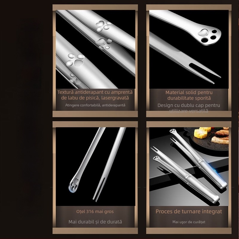 Clește pentru grătar din oțel inoxidabil 316 cu furculiță, extensibil, multifuncțional, antiderapant, rezistent la căldură