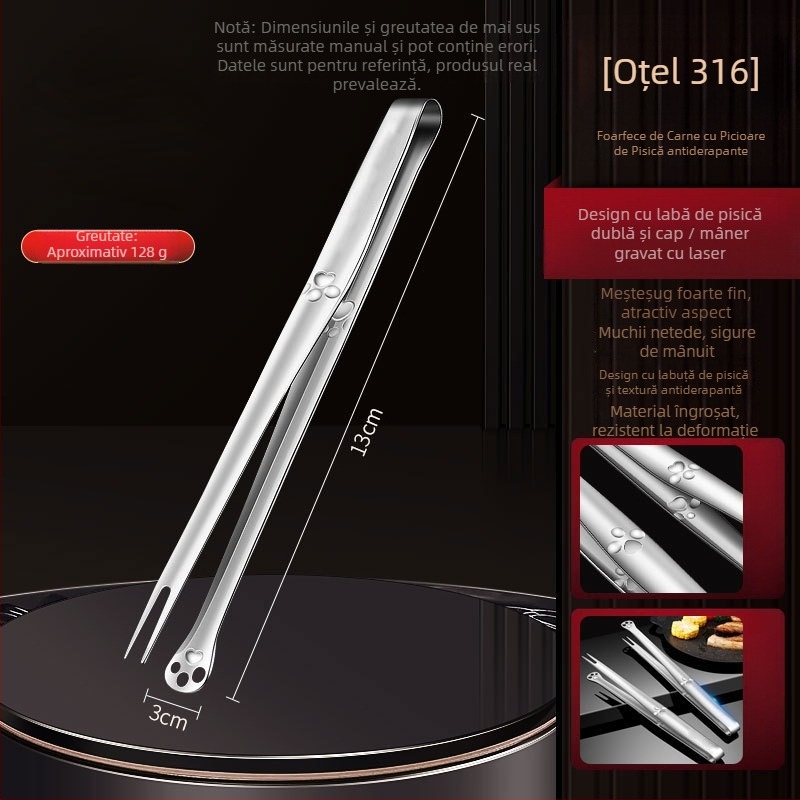 Clește pentru grătar din oțel inoxidabil 316 cu furculiță, extensibil, multifuncțional, antiderapant, rezistent la căldură