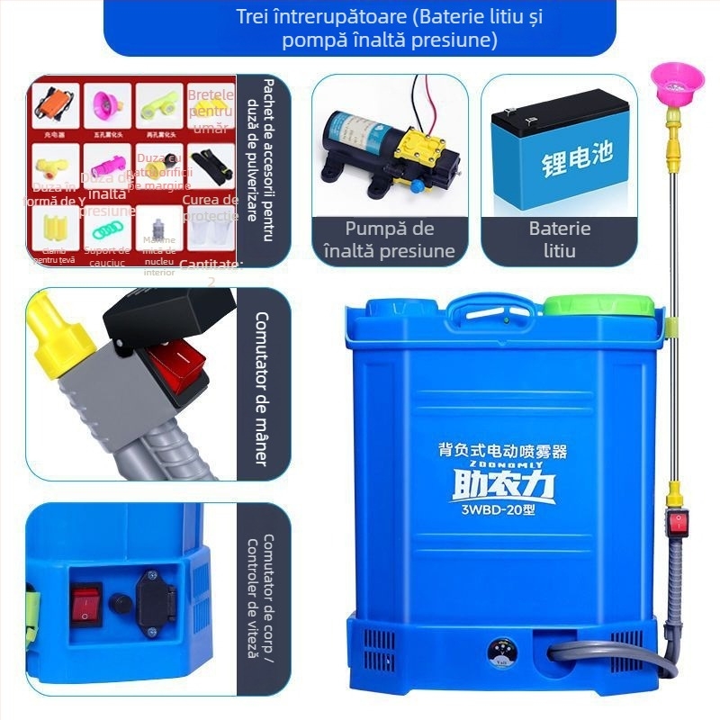 Spray electric de tip rucsac pentru agricultură, presiune înaltă, baterie litiu-ion (Brand: Powerful Factory; Dimensiuni: vezi detalii; Scop: Protecția plantelor)