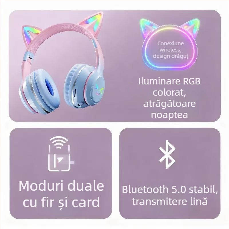 Căști wireless cu bandă pentru cap și urechi de pisică luminoase, Bluetooth 5.4, rază de 10 m, autonomie de 8 ore, conectare multiplă