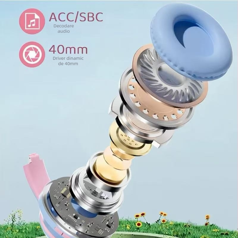 Căști wireless cu bandă pentru cap și urechi de pisică luminoase, Bluetooth 5.4, rază de 10 m, autonomie de 8 ore, conectare multiplă