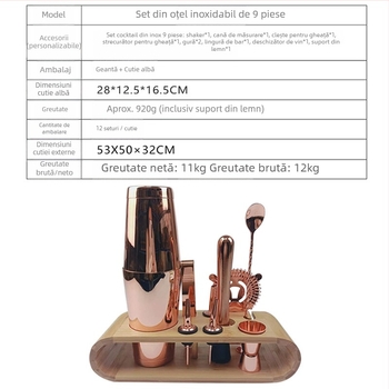 Set din oțel inoxidabil, 9 piese pentru cocktail – stil modern minimalist, ustensile de bar