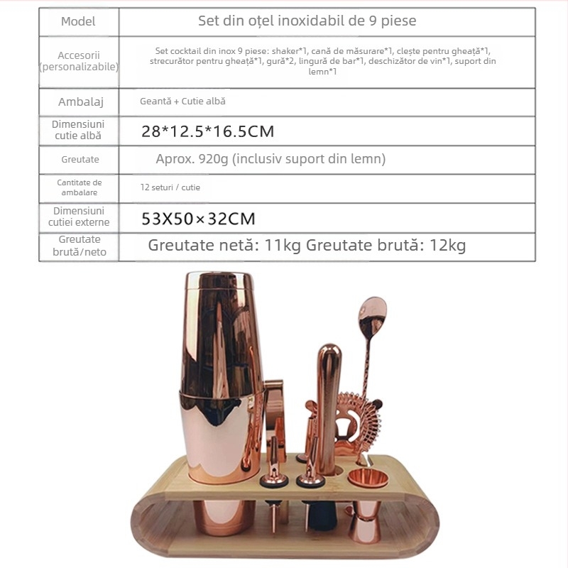 Set din oțel inoxidabil, 9 piese pentru cocktail – stil modern minimalist, ustensile de bar
