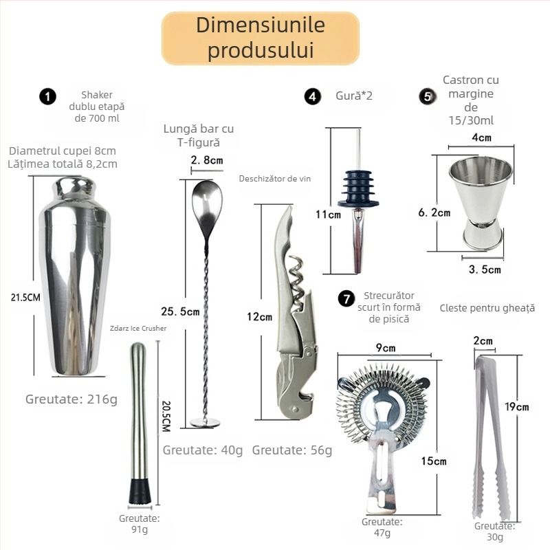 Set din oțel inoxidabil, 9 piese pentru cocktail – stil modern minimalist, ustensile de bar