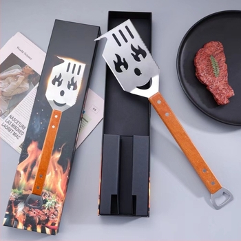 Spatulă de gătit din oțel inoxidabil cu mâner din fag | antiaderent, anti-derapare, rezistentă la temperaturi înalte, protecție împotriva arsurilor | imprimare siglă disponibilă