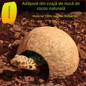 Natural coconut shell reptile cave hideout for lizards, geckos, spiders, snakes, scorpions, hamsters, centipedes and hermit crabs; material: coconut shell; purpose: reptile and small-pet habitat; imported: No