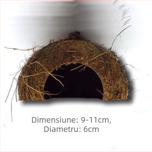 Natural coconut shell reptile cave hideout for lizards, geckos, spiders, snakes, scorpions, hamsters, centipedes and hermit crabs; material: coconut shell; purpose: reptile and small-pet habitat; imported: No