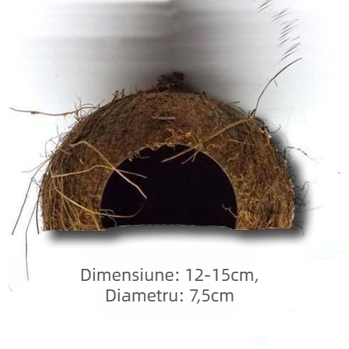 Natural coconut shell reptile cave hideout for lizards, geckos, spiders, snakes, scorpions, hamsters, centipedes and hermit crabs; material: coconut shell; purpose: reptile and small-pet habitat; imported: No