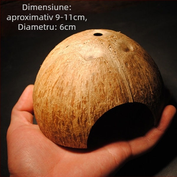 Natural coconut shell reptile cave hideout for lizards, geckos, spiders, snakes, scorpions, hamsters, centipedes and hermit crabs; material: coconut shell; purpose: reptile and small-pet habitat; imported: No