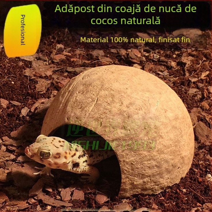 Natural coconut shell reptile cave hideout for lizards, geckos, spiders, snakes, scorpions, hamsters, centipedes and hermit crabs; material: coconut shell; purpose: reptile and small-pet habitat; imported: No