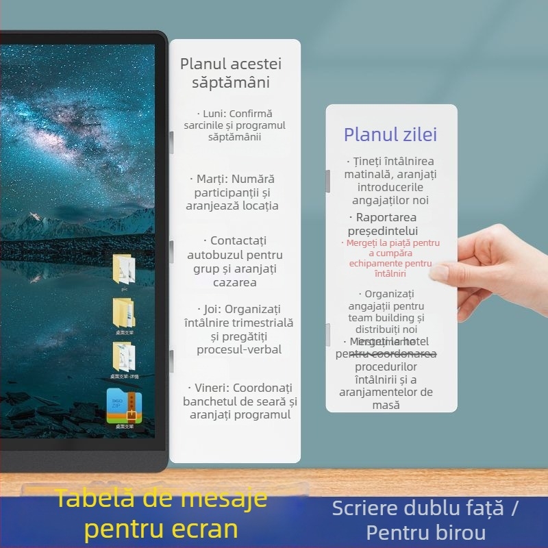 Tablă albă magnetică dublă față pentru monitor, cu note ștergibile