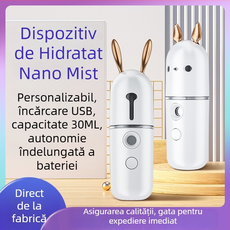 Dispozitiv de Hidratare Nano pentru Față — Umidificator cu Spray Rece Portabil, Pulverizator de Față USB, 1 Reglaj, Baterie încorporată 100–300 mAh, Ceață ≤10s, Potrivit pentru ochi uscați