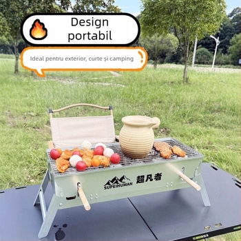 Grătar portabil din oțel carbon, dreptunghiular, cu înălțime reglabilă a plăcii de cărbune