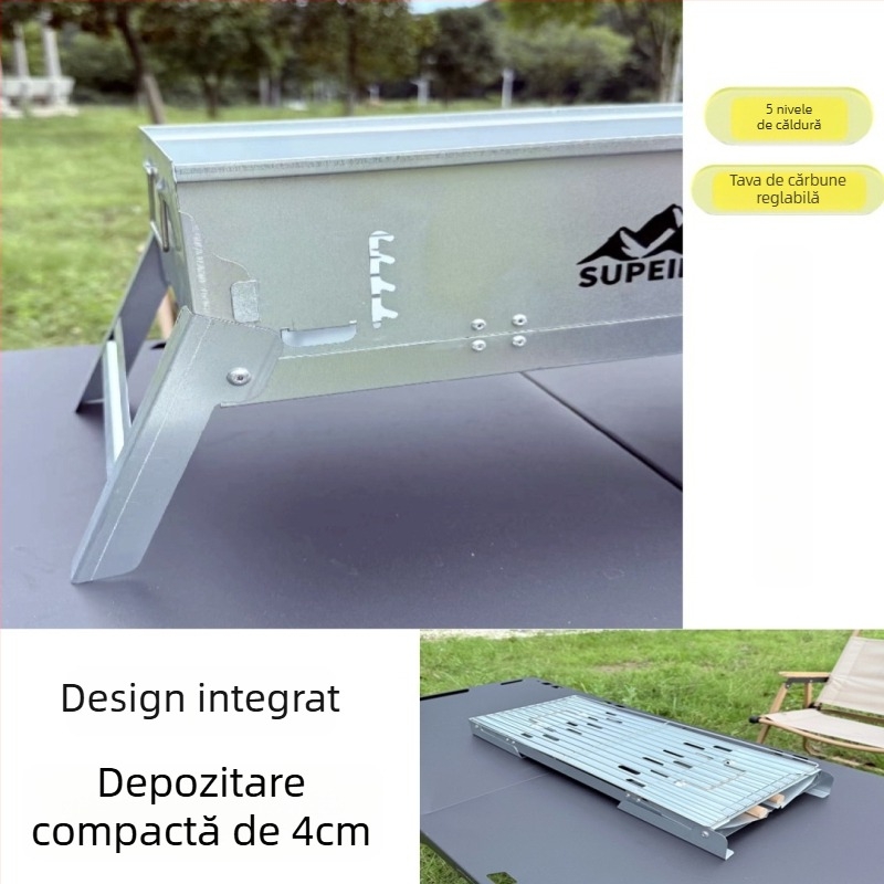 Grătar portabil din oțel carbon, dreptunghiular, cu înălțime reglabilă a plăcii de cărbune