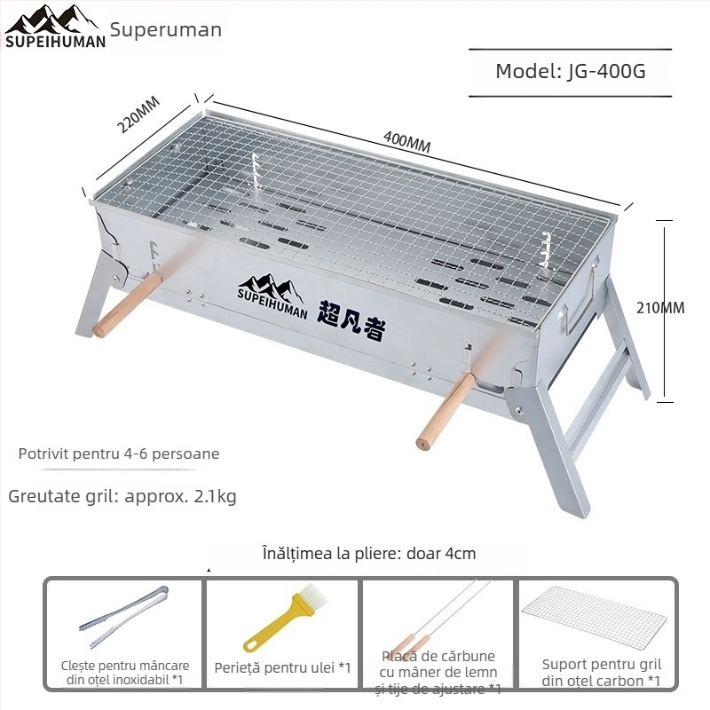 Grătar portabil din oțel carbon, dreptunghiular, cu înălțime reglabilă a plăcii de cărbune