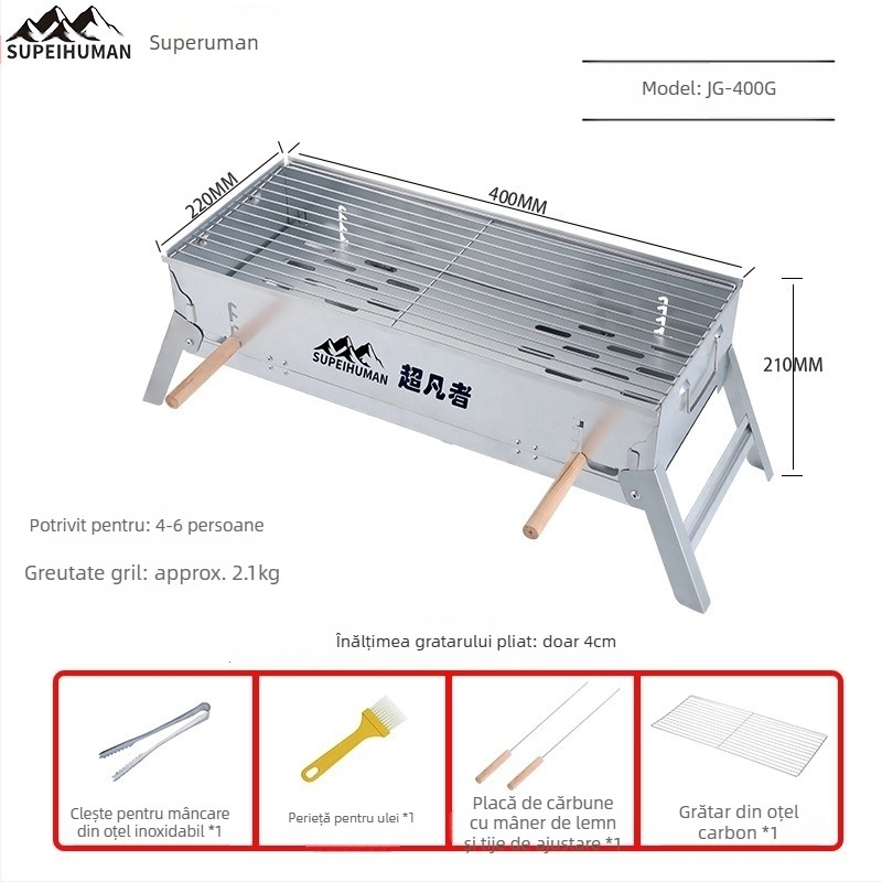 Grătar portabil din oțel carbon, dreptunghiular, cu înălțime reglabilă a plăcii de cărbune