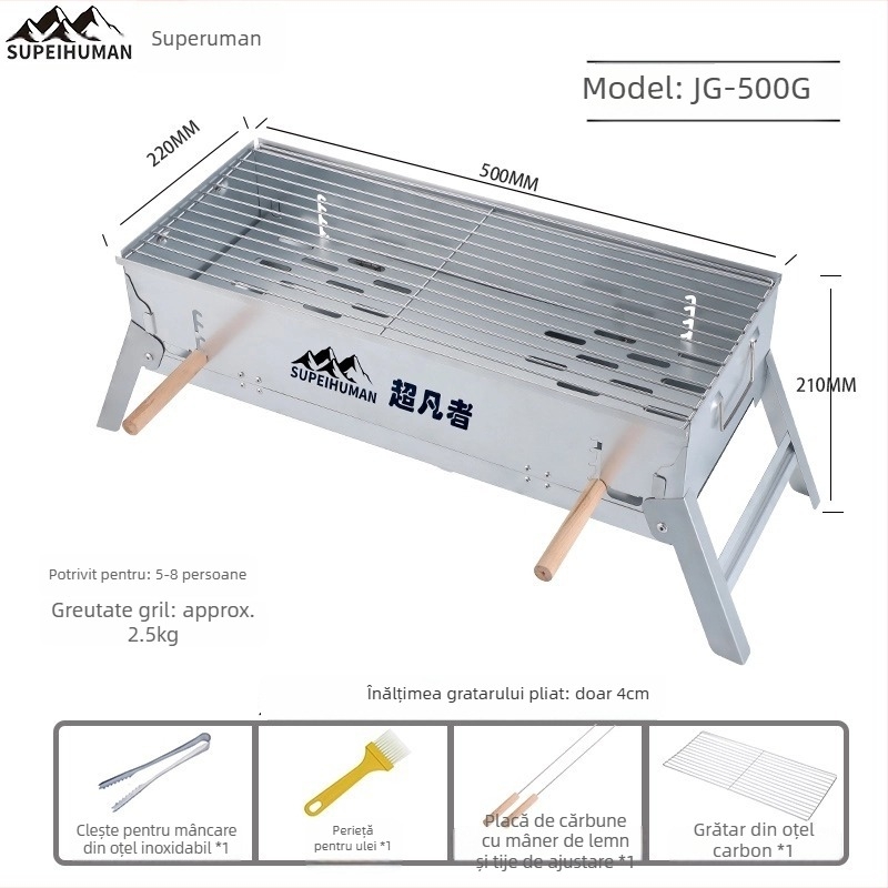 Grătar portabil din oțel carbon, dreptunghiular, cu înălțime reglabilă a plăcii de cărbune