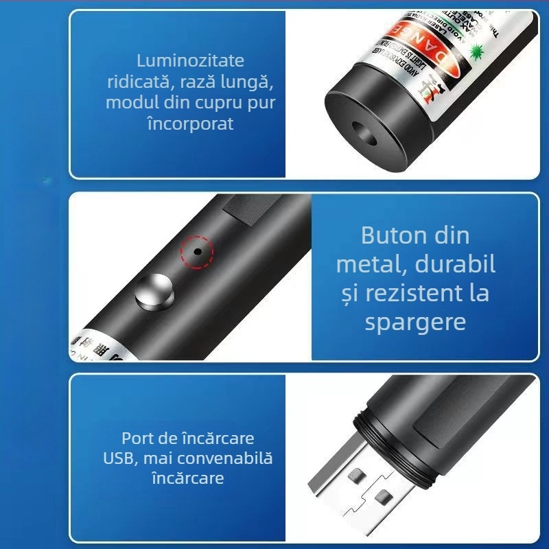 Pix laser pointer cu rază de 100 m, lungimea de undă 532 nm, baterie Li-ion încorporată, spot infraroșu