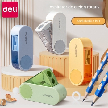 Deli ascuțitor de creioane cu două găuri, rotativ, manual, portabil, din plastic