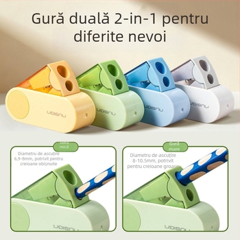 Deli ascuțitor de creioane cu două găuri, rotativ, manual, portabil, din plastic