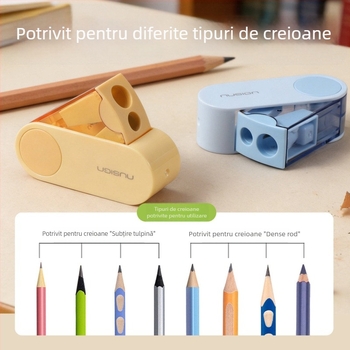 Deli ascuțitor de creioane cu două găuri, rotativ, manual, portabil, din plastic