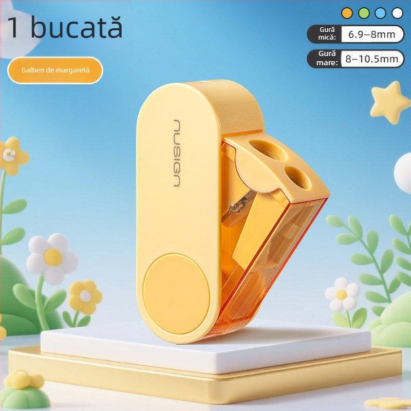 Deli ascuțitor de creioane cu două găuri, rotativ, manual, portabil, din plastic