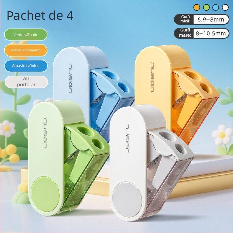 Deli ascuțitor de creioane cu două găuri, rotativ, manual, portabil, din plastic